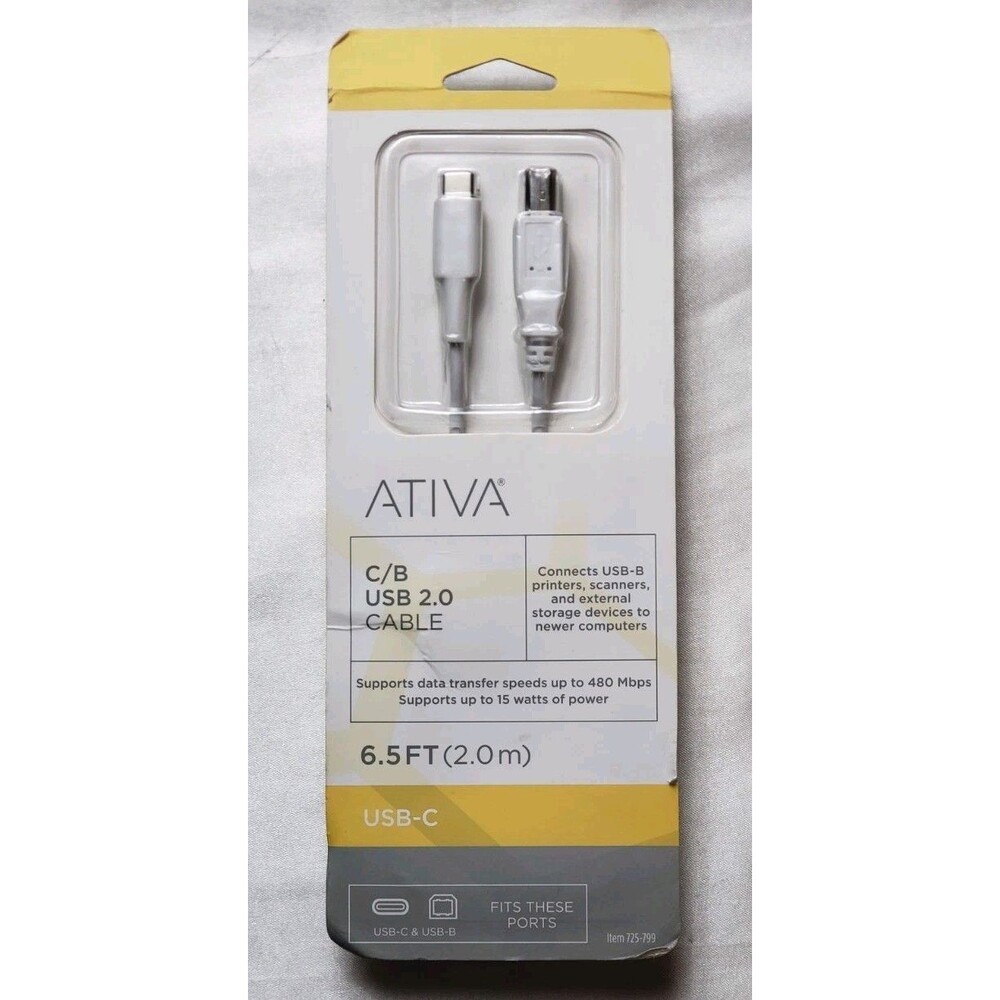 NEW & SEALED! ATIVA C/B USB 2.0 Cable 6.5 FT (2.0m) USB-C Printer 725-..........
